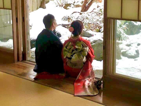 Walking along the street wearing kimono in the snowy scenery of Wakkanai