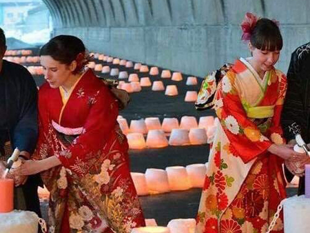 Walking along the street wearing kimono in the snowy scenery of Wakkanai